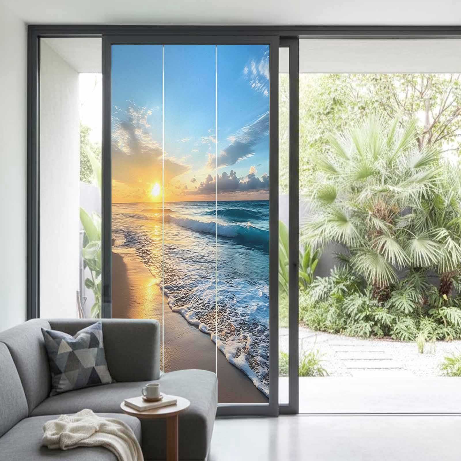 Summer Beach Window Privacy Film, Sunset Ocean Coastal Nautical Static Cling UV Sun Blocking Heat Control Window Tint Day and Night, Non-Adhesive Reusable One Way Windows Privacy Cover 35.4''x78.7''