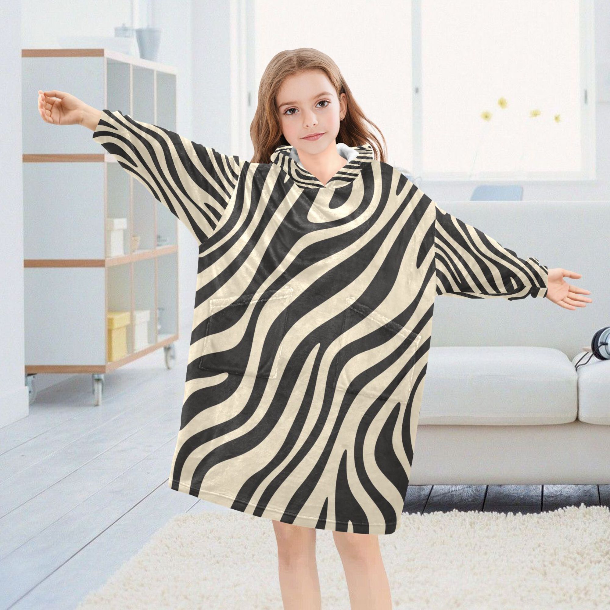 FORMRS Wearable Blanket Hoodie with Sleeves for Kids Cozy Flannel Sweatshirt, Black Lines