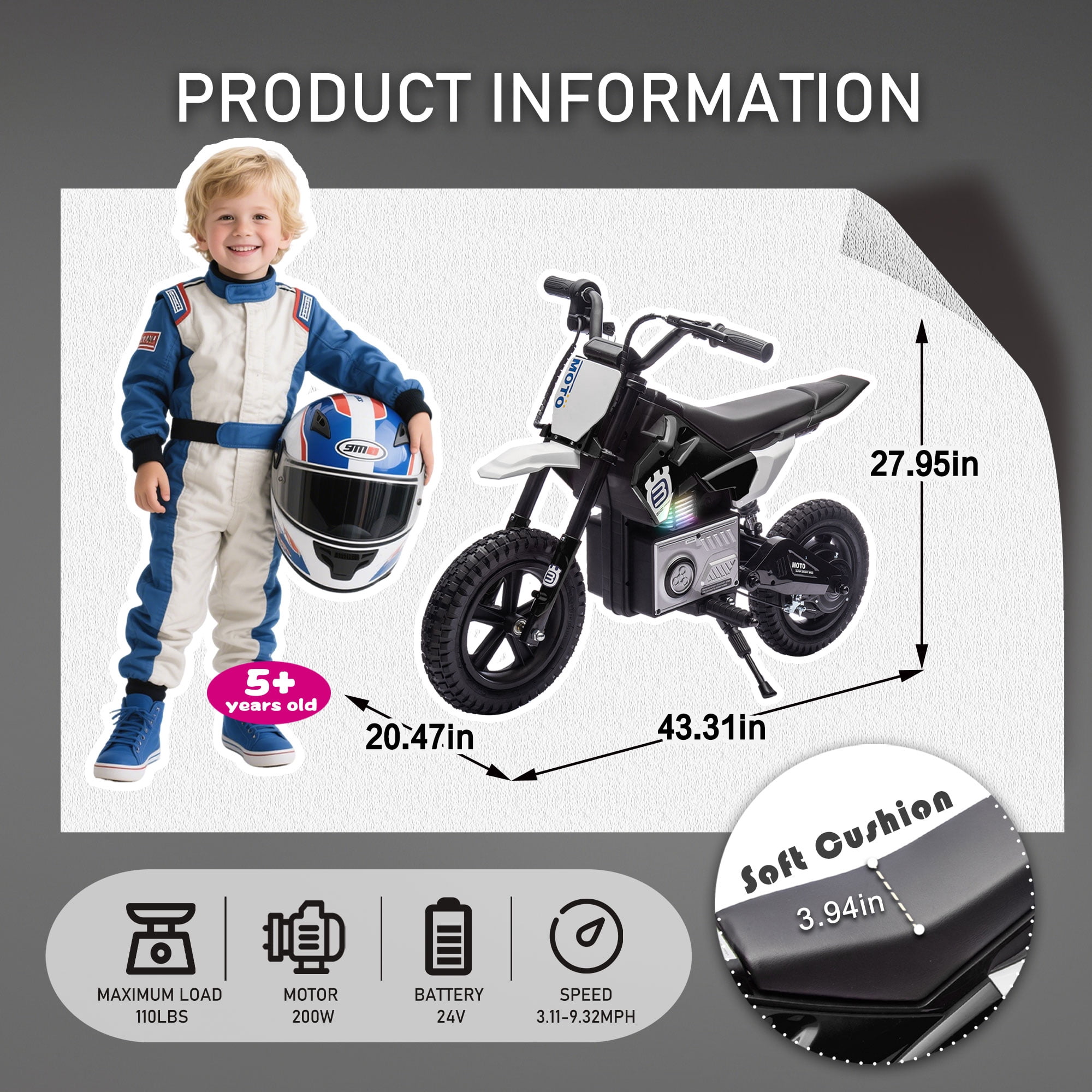 Okybaby 24V Kids Ride On Electric Dirt Bike, 200W High Speed Hub Electric Motorcycle, Max Speed 10MPH, Rear Spring Suspension, Kids Motorbike with Bluetooth&Horn For Kids Aged 5-15,Black