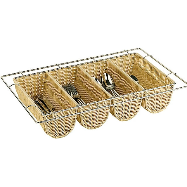 APS Polyrattan Four Compartment Condiment / Silverware Basket, 1/1 GN, Light Wood Tone, 42584-04