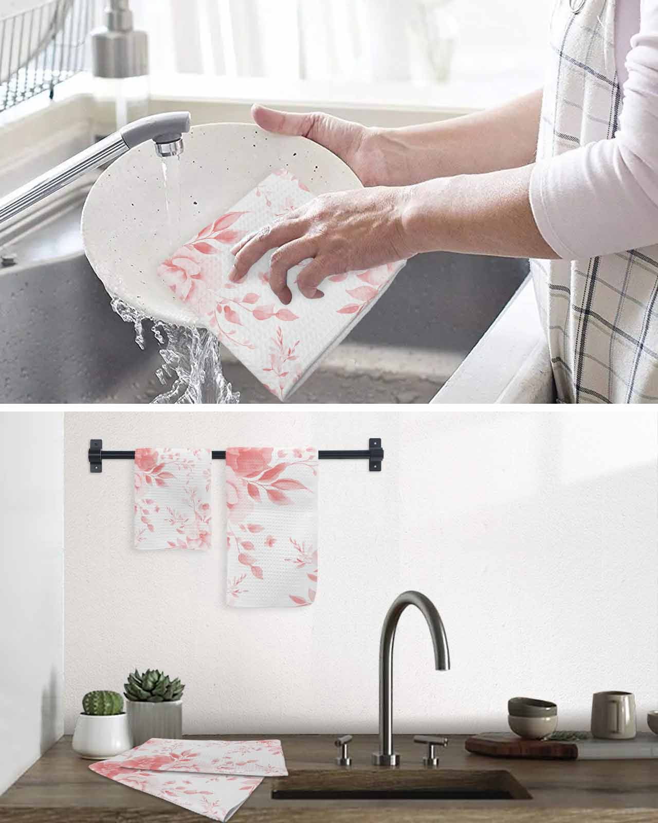 Pink Floral Art Kitchen Dish Towels for Drying Dishes Set of 4, Watercolor Botanical Spring Flowers Waffle Weave Microfiber Terry Hand Tea Bathroom Towels Quick Dry & Absorbent Towel 15.7x23.6