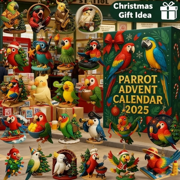 Parrot Advent Calendar 2025 with 24 Tropical Bird Ornaments - Colorful Christmas Countdown Calendar for Bird Lovers, 2D Acrylic Parrot Decorations for Holiday Tree Decor 11x7x1.96 Inches