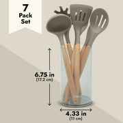 7-Piece Silicone and Bamboo Kitchen Utensils Set with Holder for Cooking, Virtually Non-Stick, with Ladle, Slotted Turner, Slotted Spoon, Serving Spoon, Pasta Server, Spatula, Scratch-Resistant