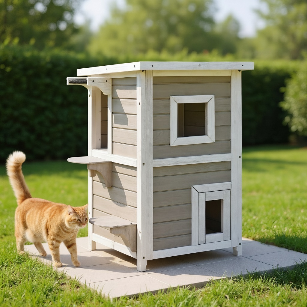 Pefilos 32" Cat House for Outdoor Cats, 2-Story Wood Cat Condo Weatherproof Cat Shelter with and Escape Door, Gray