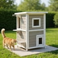 thumbnail image 2 of Pefilos 32" Cat House for Outdoor Cats, 2-Story Wood Cat Condo Weatherproof Cat Shelter with and Escape Door, Gray, 2 of 9