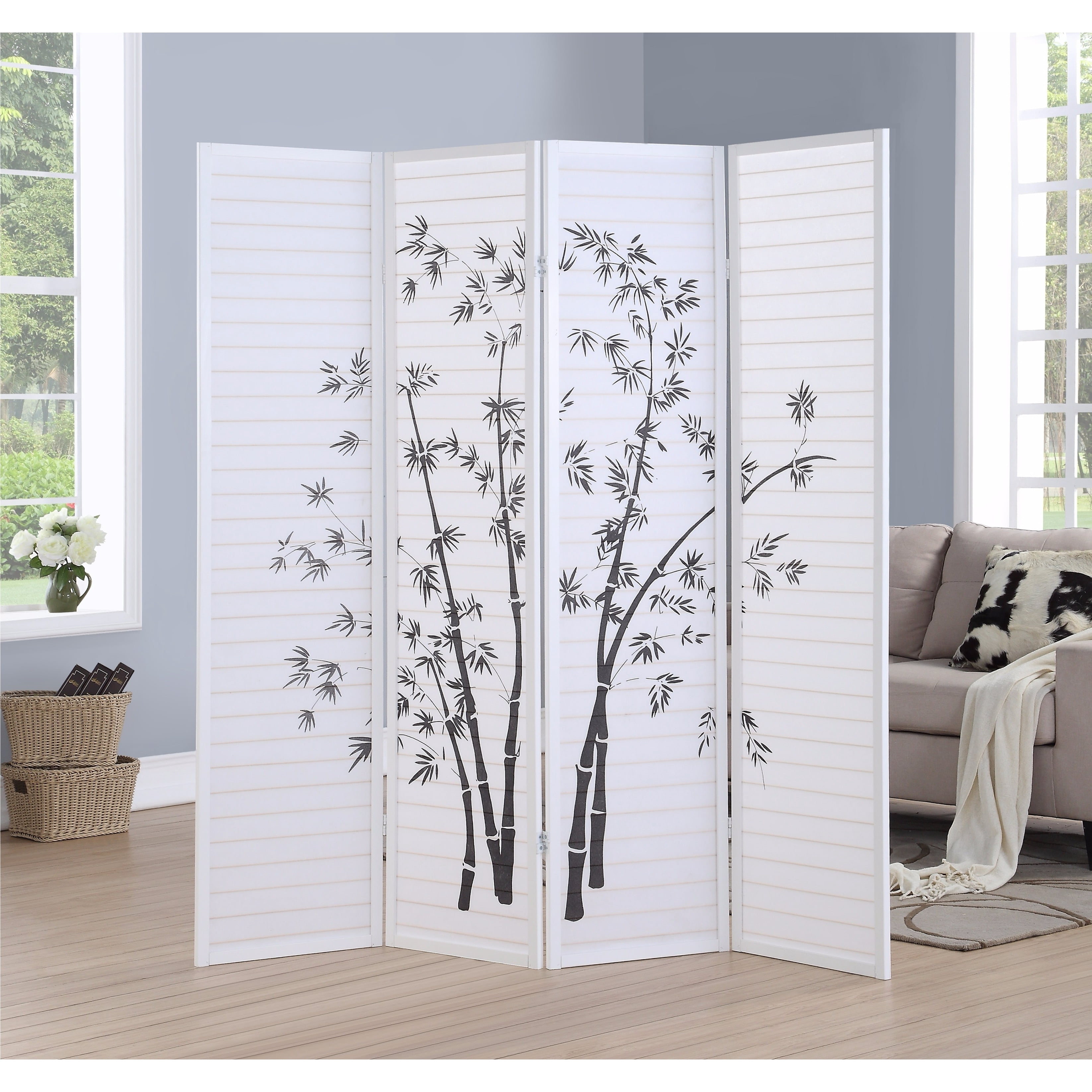 Roundhill Furniture Bamboo Print 4-Panel Framed Room Screen/Divider Black