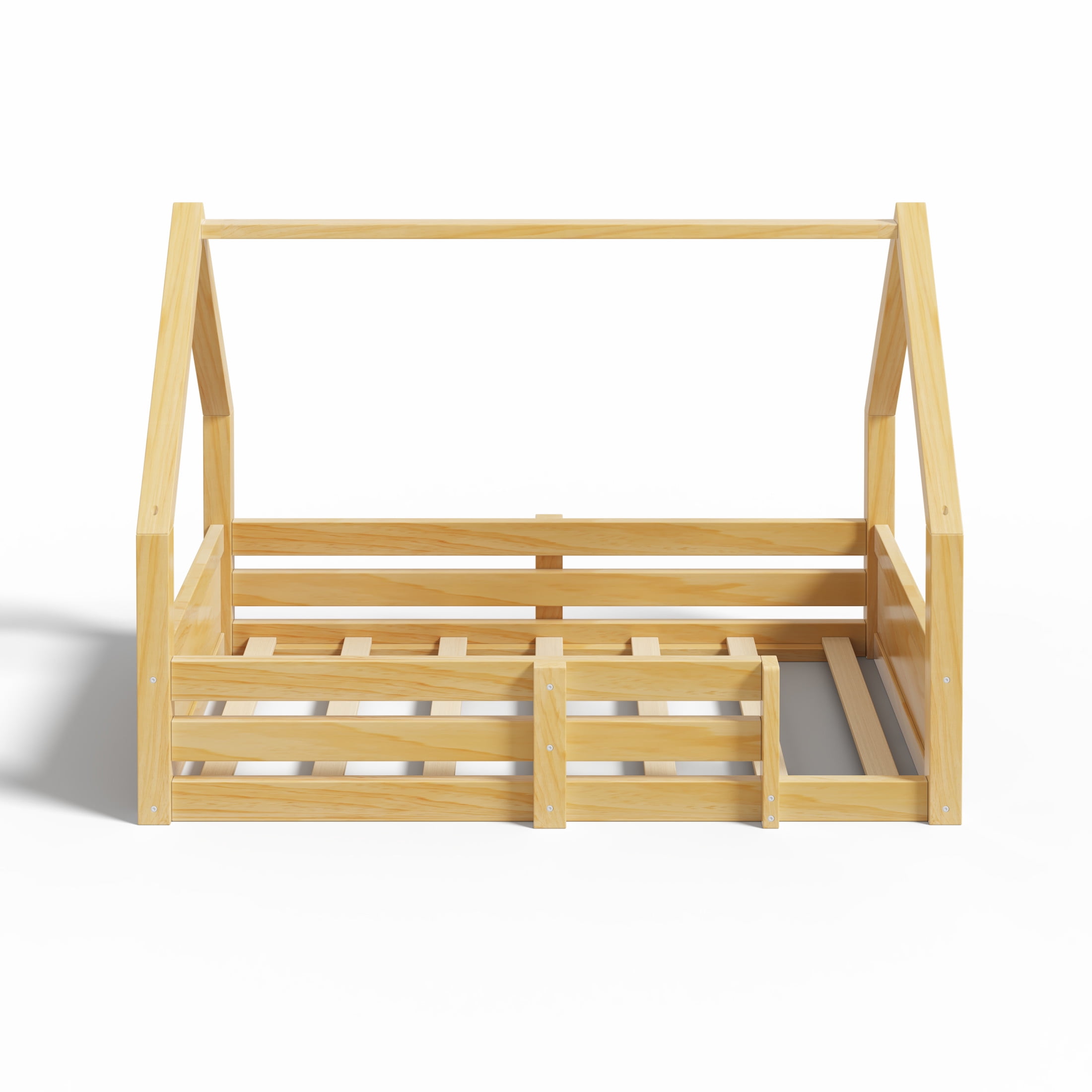 Noble House Salma Twin Size House Floor Wooden Bed with Roof Frame & Grooved Panels, Safety Guardrails, Natural