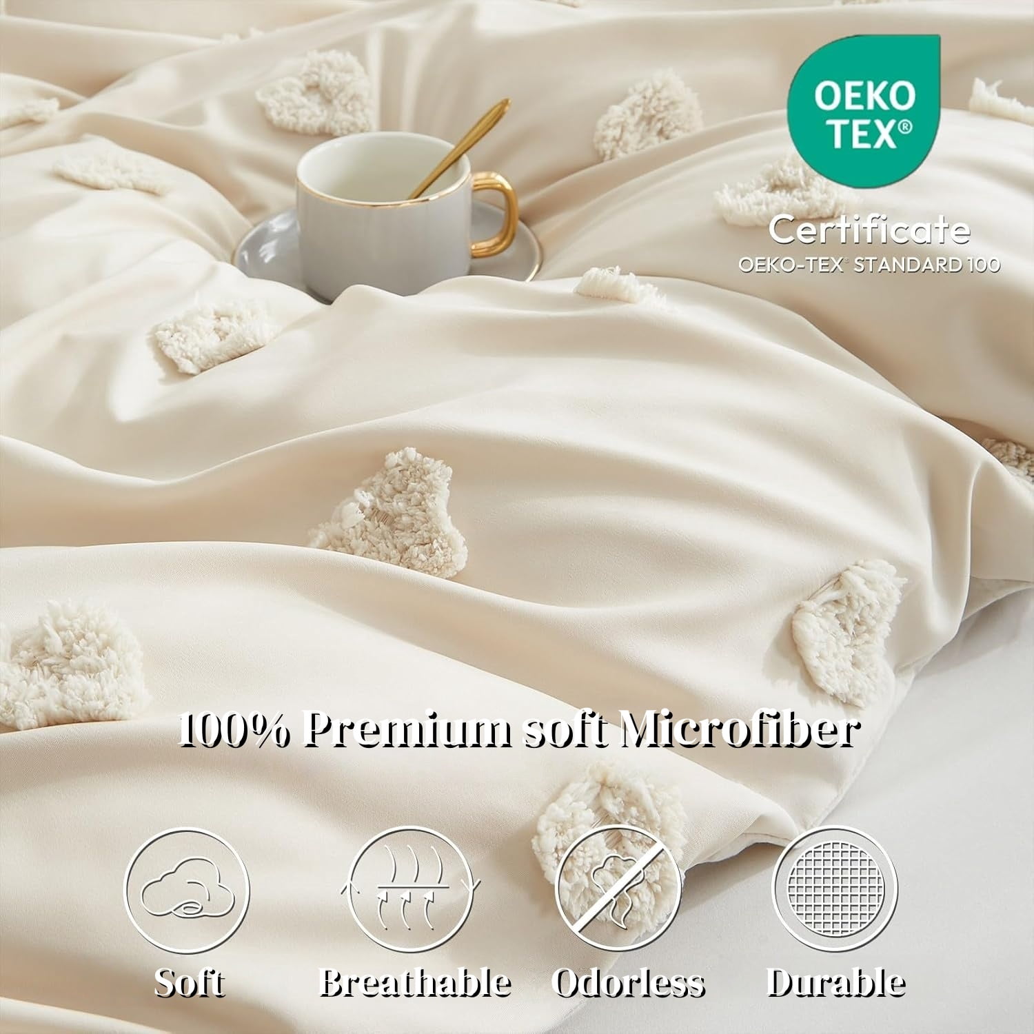 JOLUSERE Beige Tufted Heart Dot Duvet Cover King Set, 3 Pieces Ultra Soft Jacquard Embroidery Shabby Chic Bedding Set for All Season