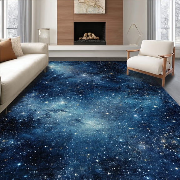 ODIKA 4'x6' Machine Washable Non-Slip Area Rug, Celestial Black and Starry Night Cosmic Space Themed High Traffic Rug, Blue, 37416