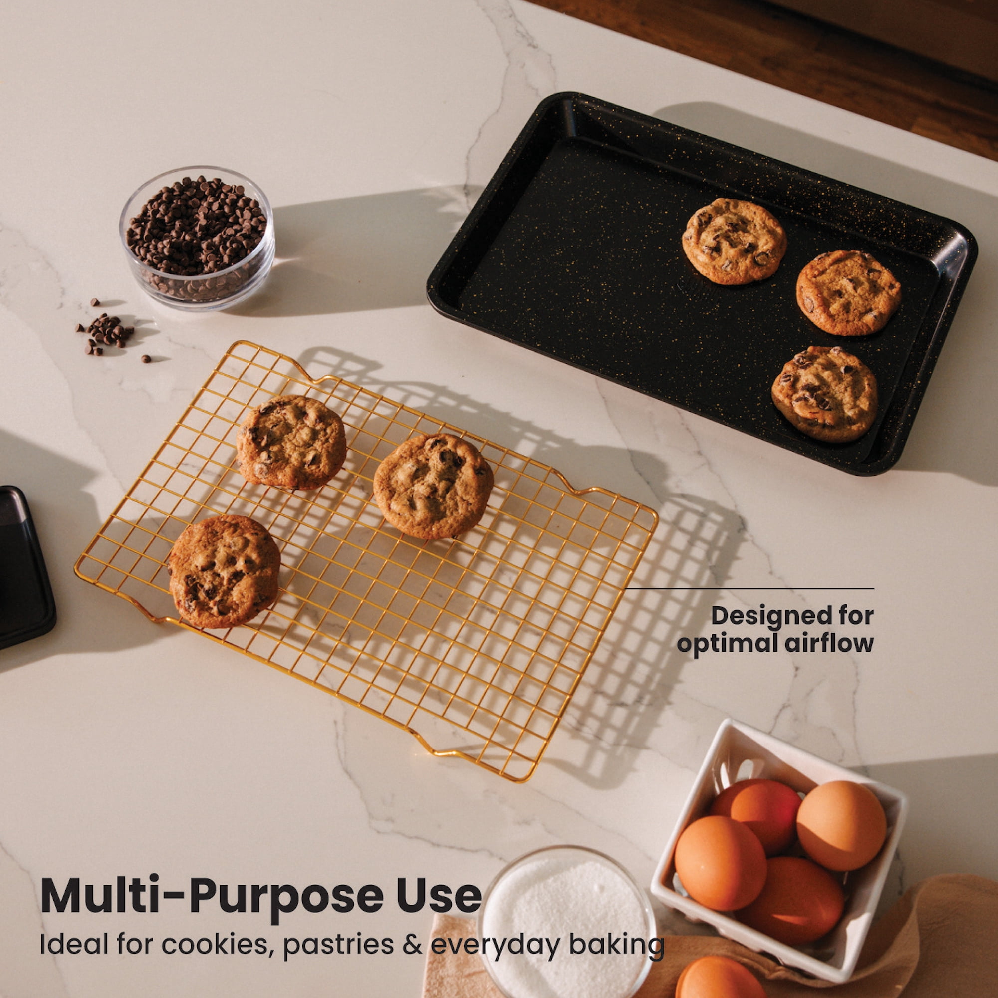 Thyme & Table Non-Stick Rectangle Baking Sheet with Gold Cooling Rack, 12 x 9 in, Black