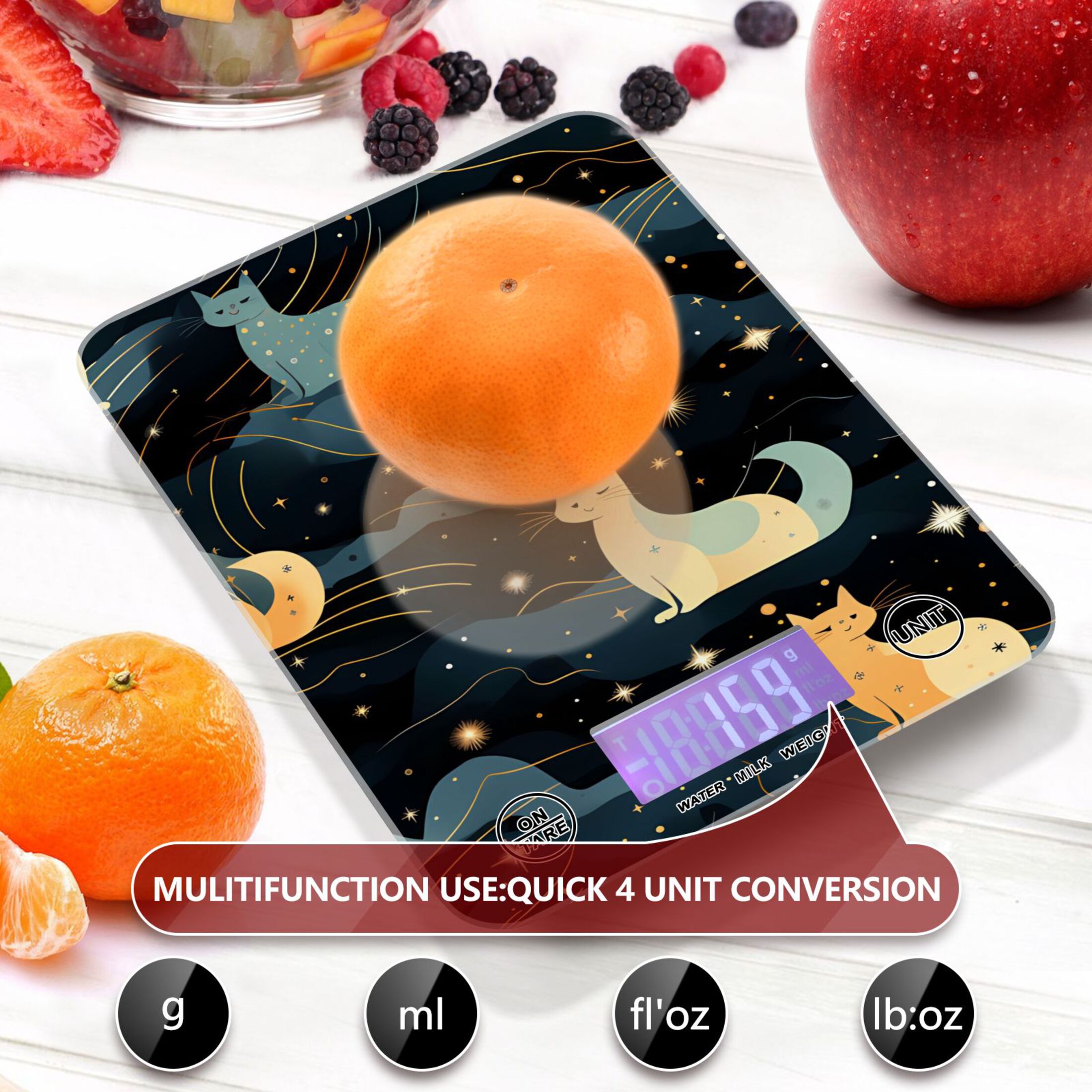 Cats Clouds Stars Food Scale Digital Kitchen Scale Waterproof Tempered Glass Tare Function 11 lb for Baking Cooking Meal Prep