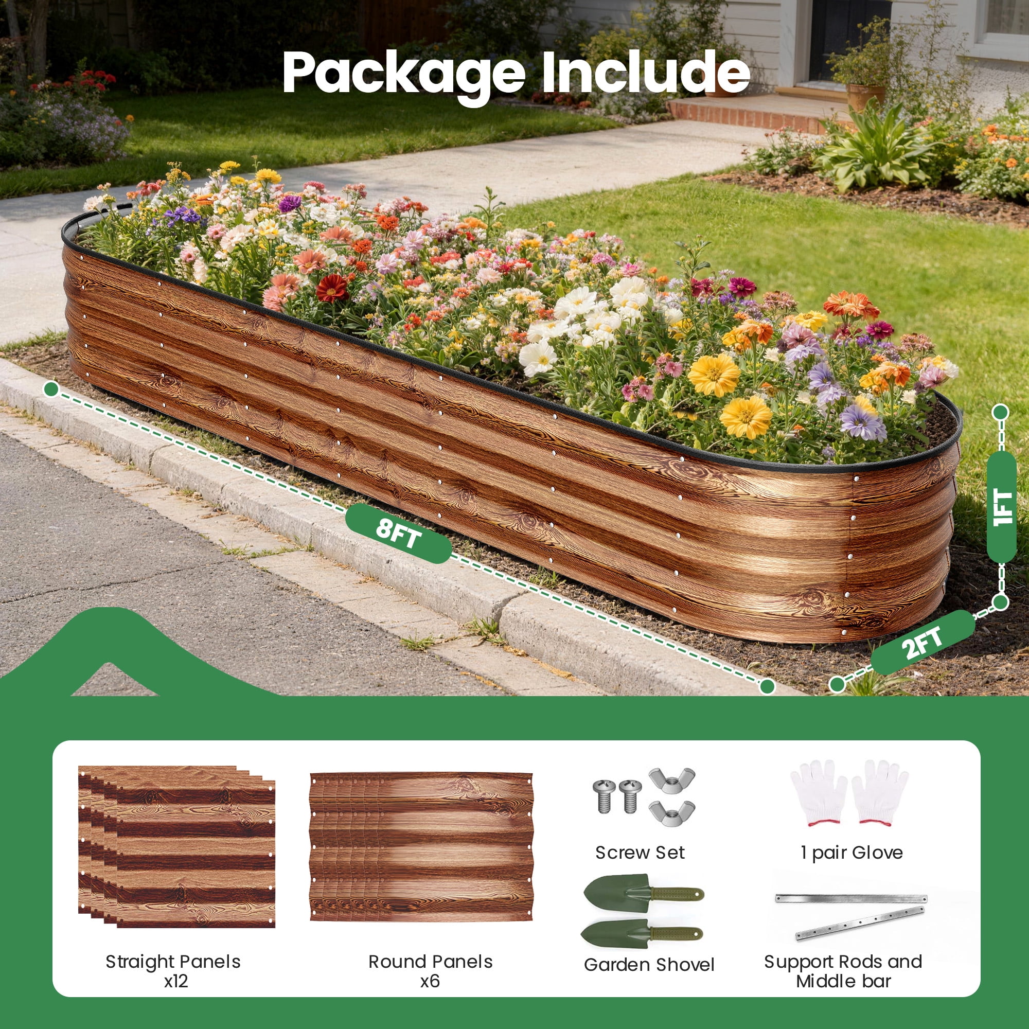 GVDV Raised Garden Bed Outdoor, 8x2x1ft Backyard Large Metal