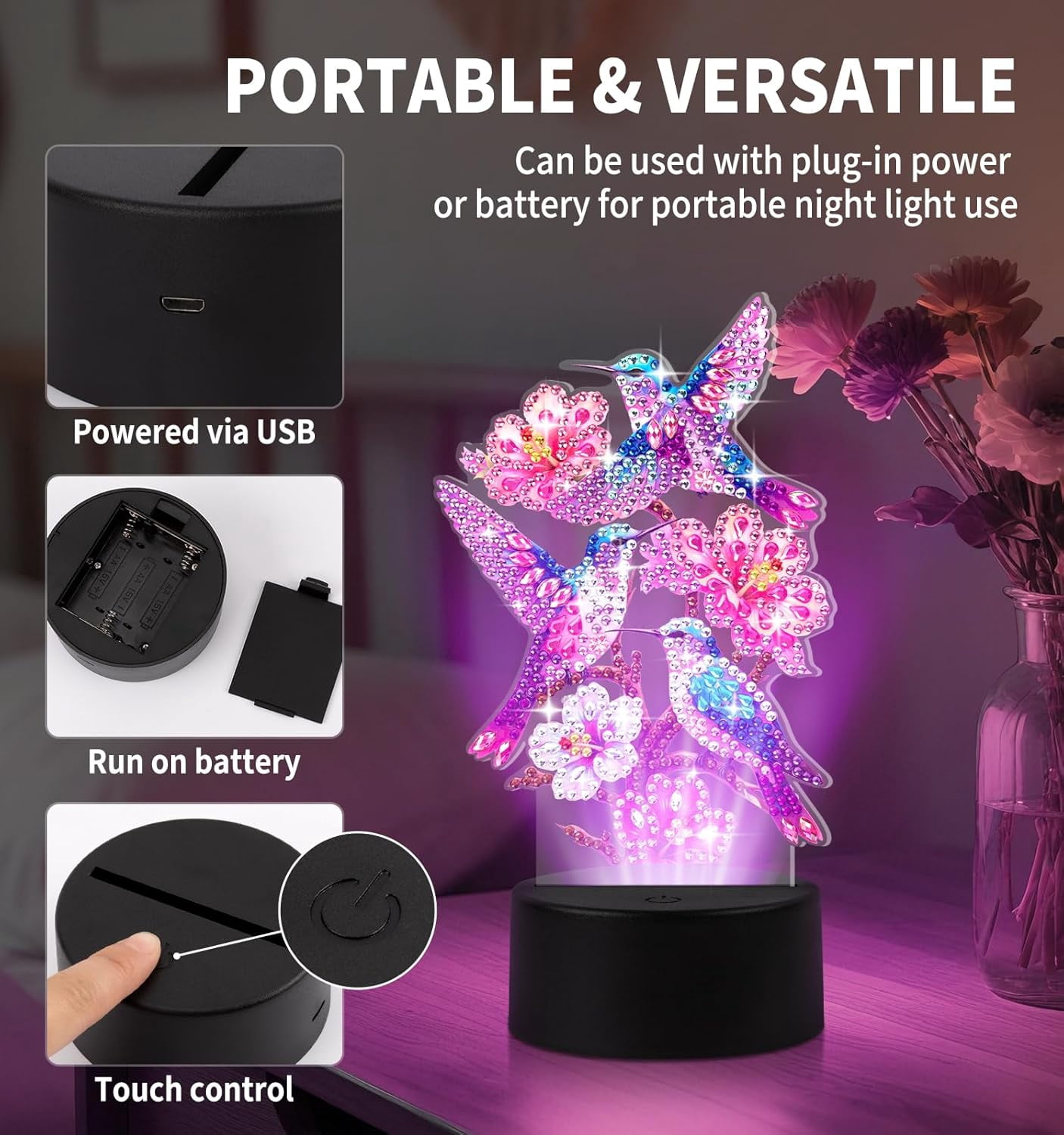 General Diamond Painting Night Light, Diamond Painting Kits for Adults Desktop Ornaments for Table Tabletop Decor Diamond Art Accessories for Adult Beginner Touch Lamp for Bedrooms Living Room-Birds