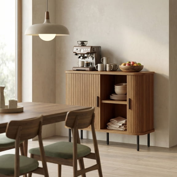 HOMCOM 35.4" Sideboard Buffet Cabinet, Slatted Kitchen Cabinet, Walnut