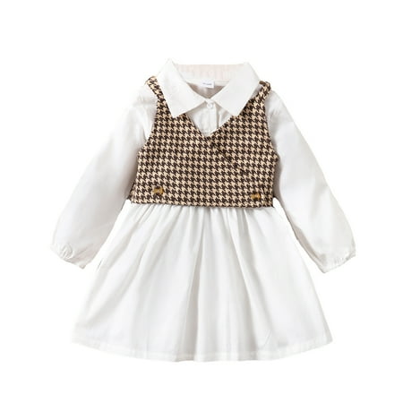 

Kucnuzki Infant Baby Girl Clothes 2T Winter Dress 3T Long Sleeve Contrast Checked Pattern Prints Lapel Collar Cozy Fake-Two-Pieces Dress White