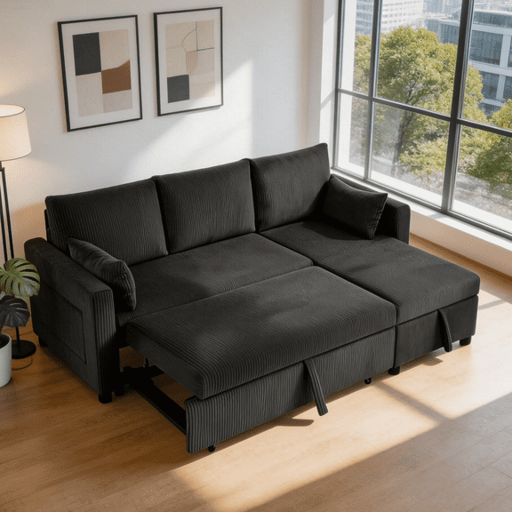 BSHTI L-Shaped Pull Out Sleeper Sofa Bed with Storage Chaise – 3-Seater Convertible Corduroy Sectional Couch for Small Living Room, Apartment, or Office, Black