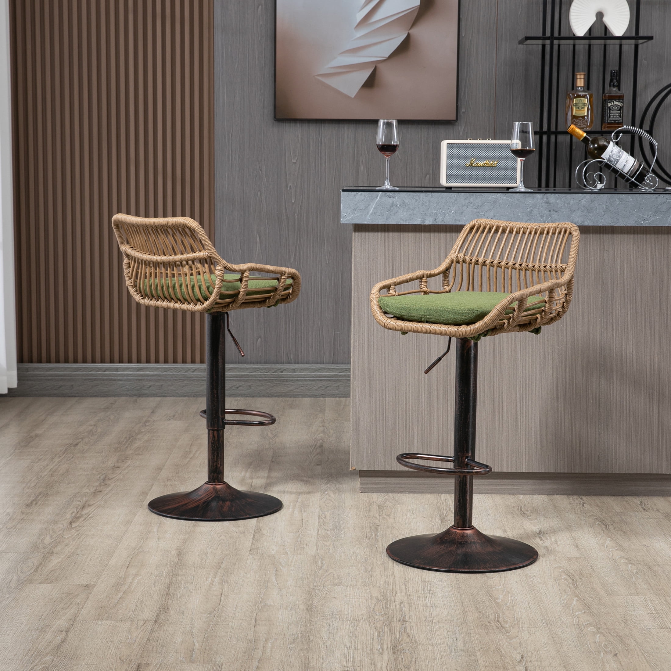 Noble House Swivel Bar Stools Set of 2, Adjustable Linen Counter Height Chairs with Footrest, Green