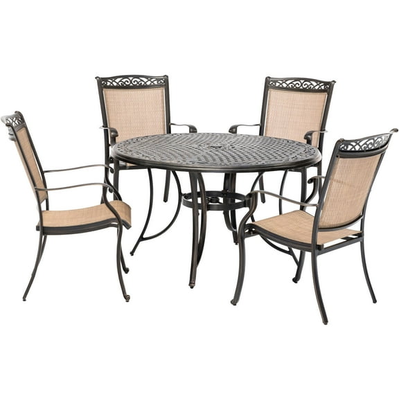 Hanover Fontana 5-Piece Outdoor Dining Set with 4 Sling Chairs and a 48-In. Cast-Top Table