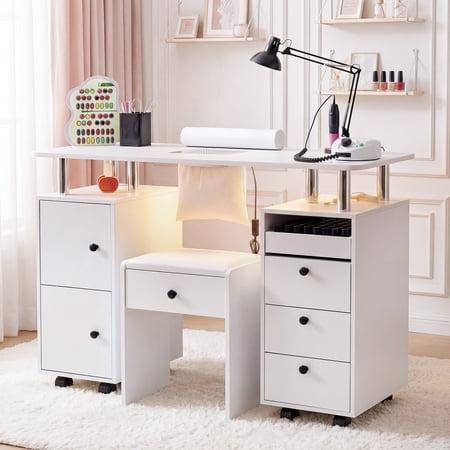 Advwin Rolling Manicure Table Set with Upholstered Storage Stool Dust Collector & LED Lights Professional Nail Tech Desk with Wheels Nail Technician Workstation for Salon or Home Use White