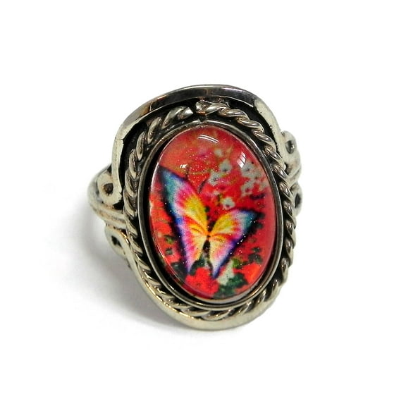 Vintage Butterfly Graphic Small Oval Acrylic Cabochon Silver Metal Border Adjustable Ring - Womens Fashion Handmade Jewelry Boho Accessories