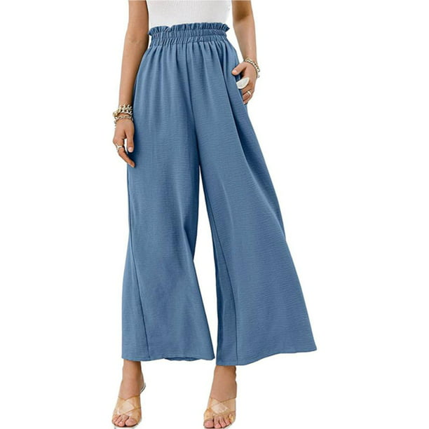 Mumubreal Women's Cotton Linen Wide Leg Trousers Solid Color Elastic ...