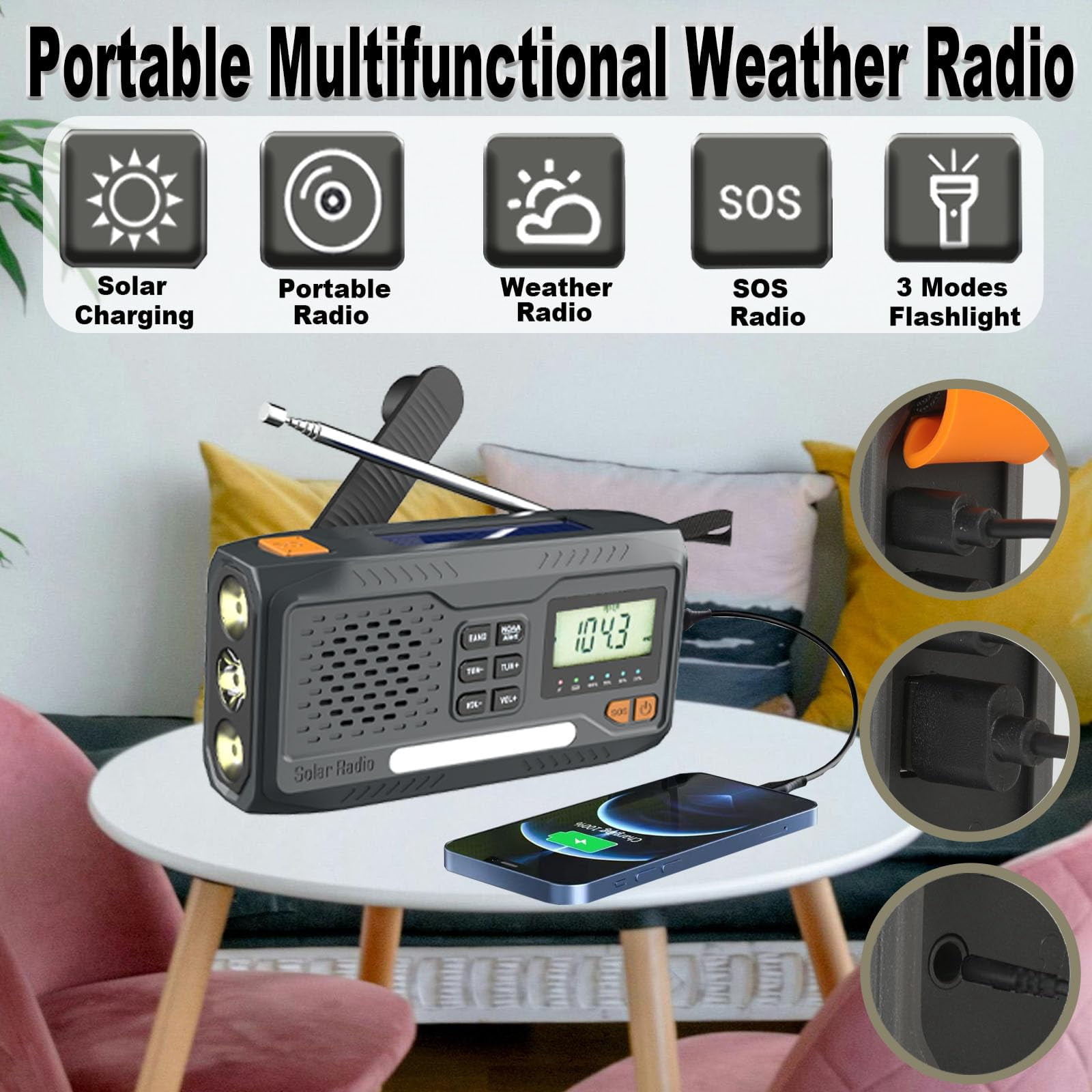 2000mAh/7400mWh Solar Emergency Radio, AM/FM/NOAA Weather Radio, Hand Crank Radio Flashlight Cell Phone Charger & Night Light for Home Supplies, with Digital Display & Battery Compartment, SOS Alarm