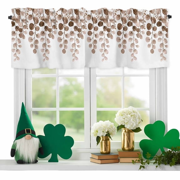 Abstract Valances for Windows, Country Brown Eucalyptus Leaf Flora Plant Rod Pocket Valance Short Window Treatments Curtains for Kitchen Bathroom Bedroom Decor, 42 x 18 Inches