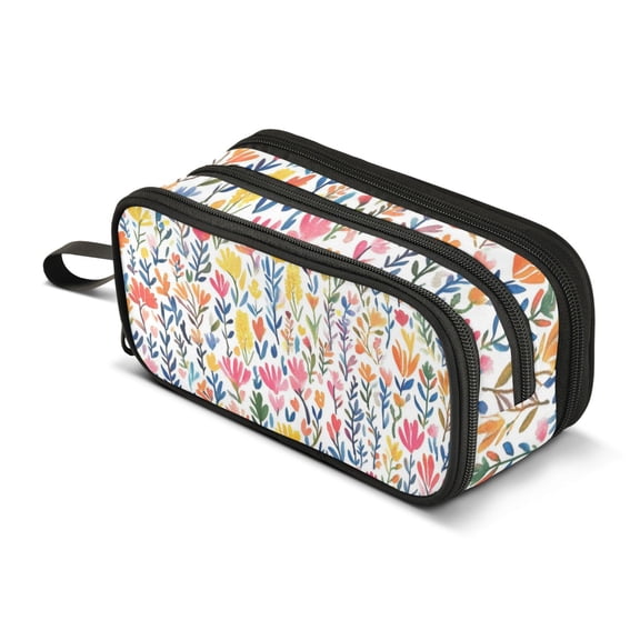 FORMRS Pencil Case with 3 Compartments Zipper Pouch, Elementary School Level and up, Yellow Wildflower Pattern