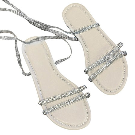 

Jsezml Womens Rhinestone Sandals Flat Glitter Lace Up Mid Calf Gladiator Sandals Wedding Party Beach Dress Shoes