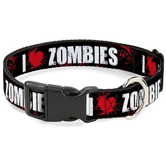 Buckle-Down Pet Collar, Dog Collar Plastic Buckle, I Heart Zombies Black White Red Splatter, 8.5 to 12 Inches 0.5 Inch Wide