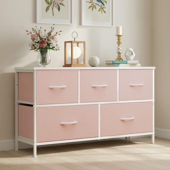 Atilioo Fabric Dresser with 5 Drawers, Clothes Storage Organizer Unit, Chest of Drawers for Bedroom Living Room, Pink
