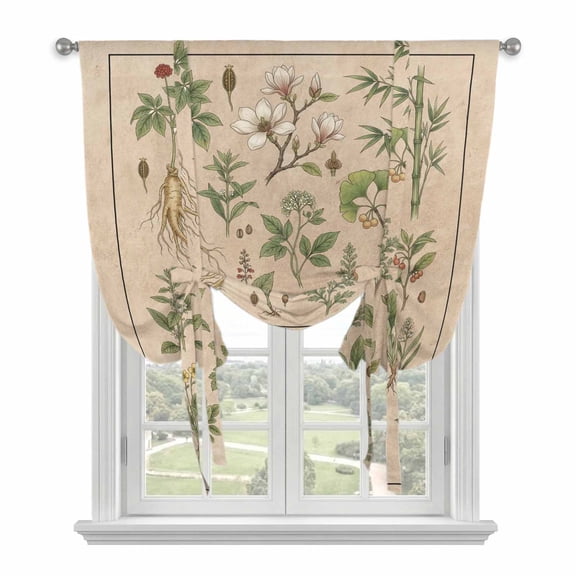 Vintage Botanical Balloon Curtains for Bedroom/Front Door/Bathroom, Country Herbs Leaves Plants Flowers Brown Tie Up Curtains 63 Inch Length Kitchen Curtains Shades for Windows 46"x63"