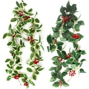 2 Pcs Christmas Garland Decoration, 5.75 FT Easter Garland Winter Red Berries Holly Leaves Garland Christmas Greenery Wreath
