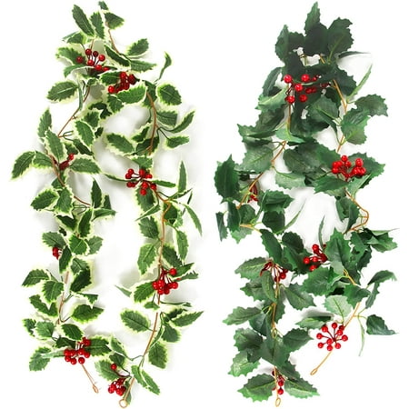 2 Pcs Christmas Garland Decoration, 5.75 FT Easter Garland Winter Red Berries Holly Leaves Garland Christmas Greenery Wreath