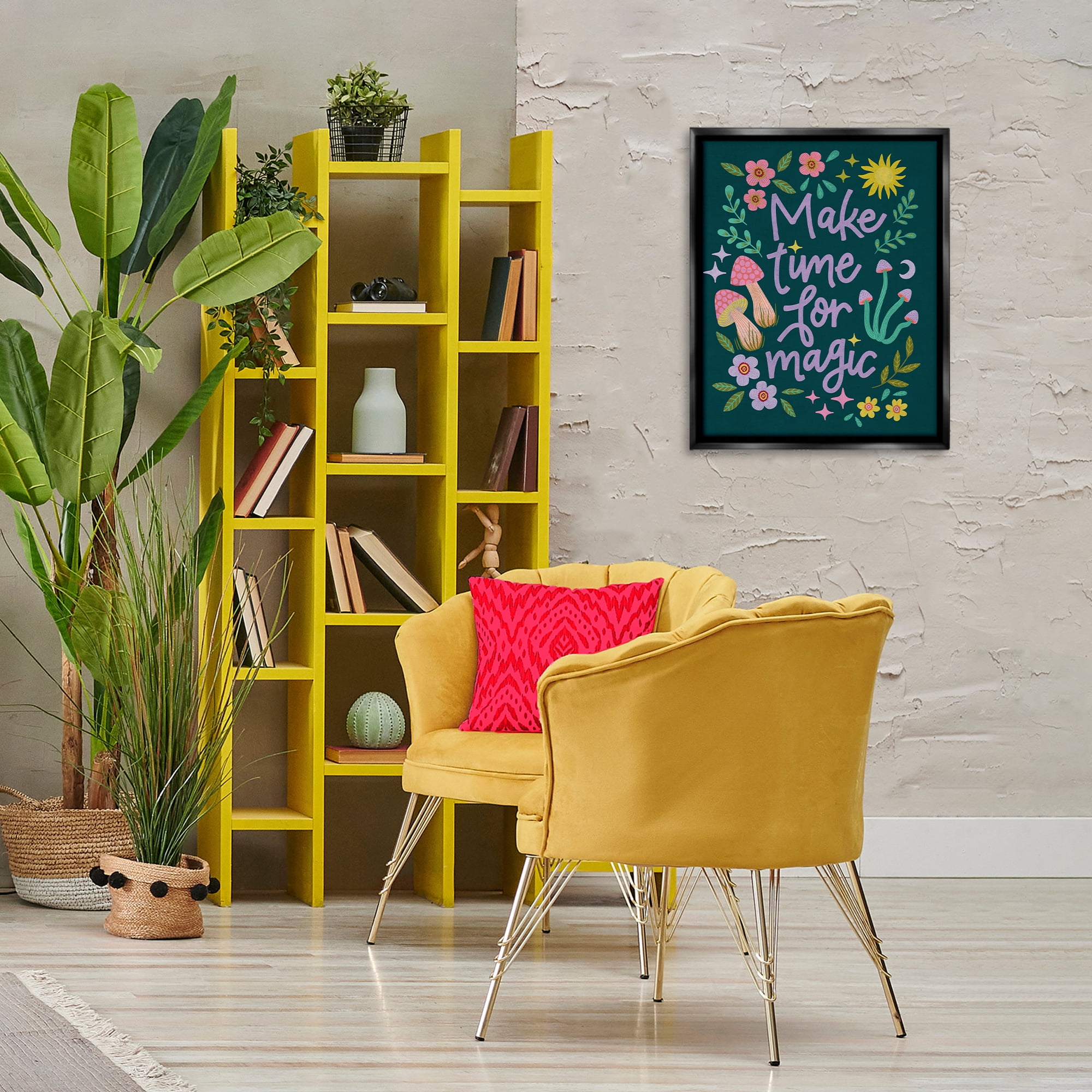 Stupell Industries Time For Magic with Florals Plants & Flowers Painting Black Floater Framed Canvas Art Print Wall Art, 17 x 21