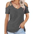 thumbnail image 2 of Camiseta de manga corta sólida de verano para mujer con hombros descubiertos y cuello en V informal con cordones OAVQHLG3B Store lin121212, 2 of 5