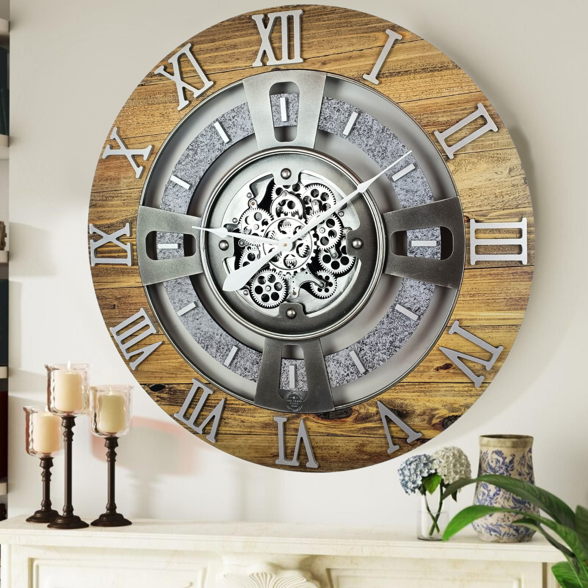 THE GEARS CLOCK Wall Clock with Real Moving Gears EN-LI_ 24 in Round Wood-Stone