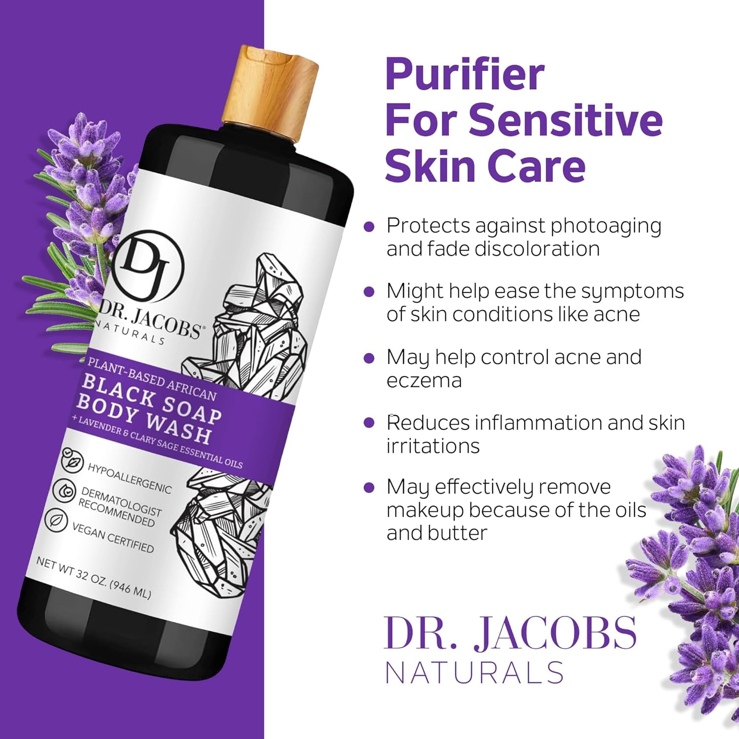 Dr Jacobs Naturals Authentic African Black Soap Body Wash All-In-One Liquid Soap for Face, Body and Hair, Lavender & Sage Scent 32 Oz.