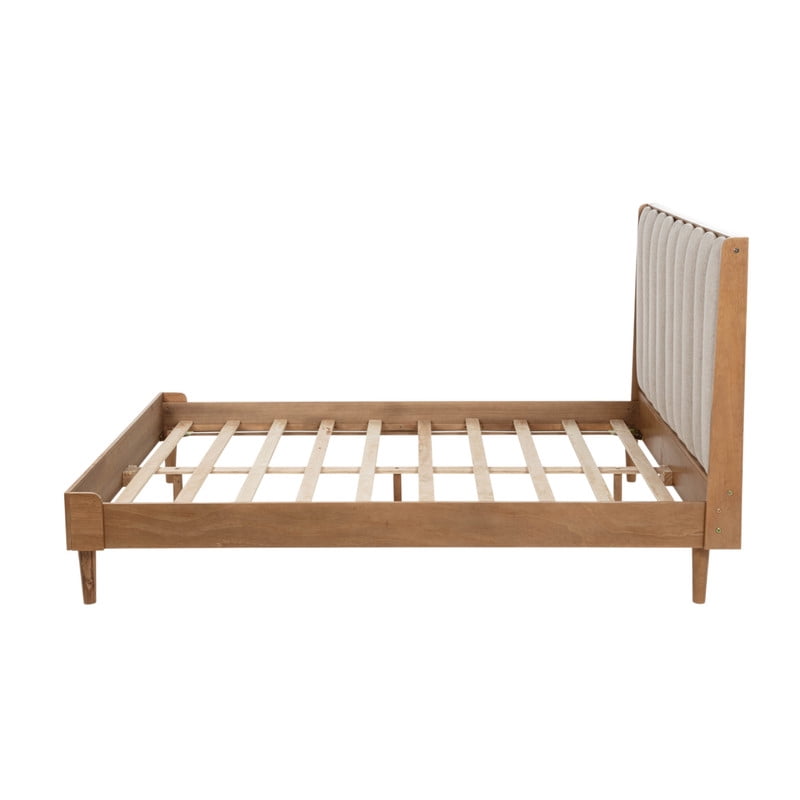 Queen Size Wood Bed Frame with Piano Key Designed Upholstered Tall Headboard, Low-Profile Platform Bed with Under-Bed Space