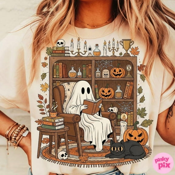 Retro Cozy Ghost Reading Halloween Png, Book Lover Ghost Sublimation, Fall Library Boo Ghost Shirt Png, Cute Spooky Bookshelf Ghost Png