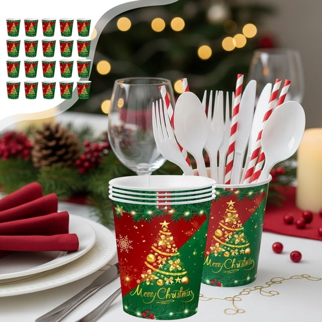 Oioii Christmas Party Supplies - Paper Plates Paper Cups Napkins Xmas Tree Party Decorations
