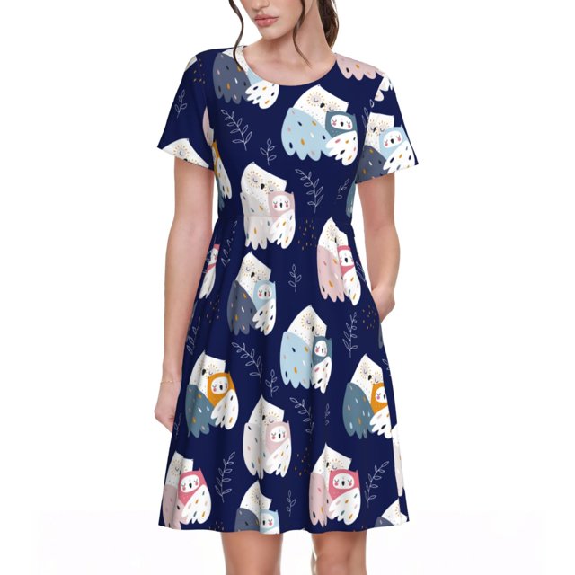 Fotbe Mom And Baby Owls Vestido Largo de Moda para Mujer, Vestido Tipo Camiseta con Manga Corta y Estilo Casual a Rayas y Bloques de Color
