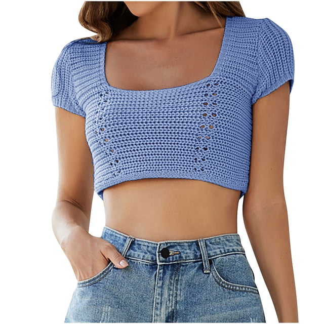 Timegard Crop Tops for Women Short Sleeve Square Neck Back Drawstring Tie Slim Casual Going out Tops