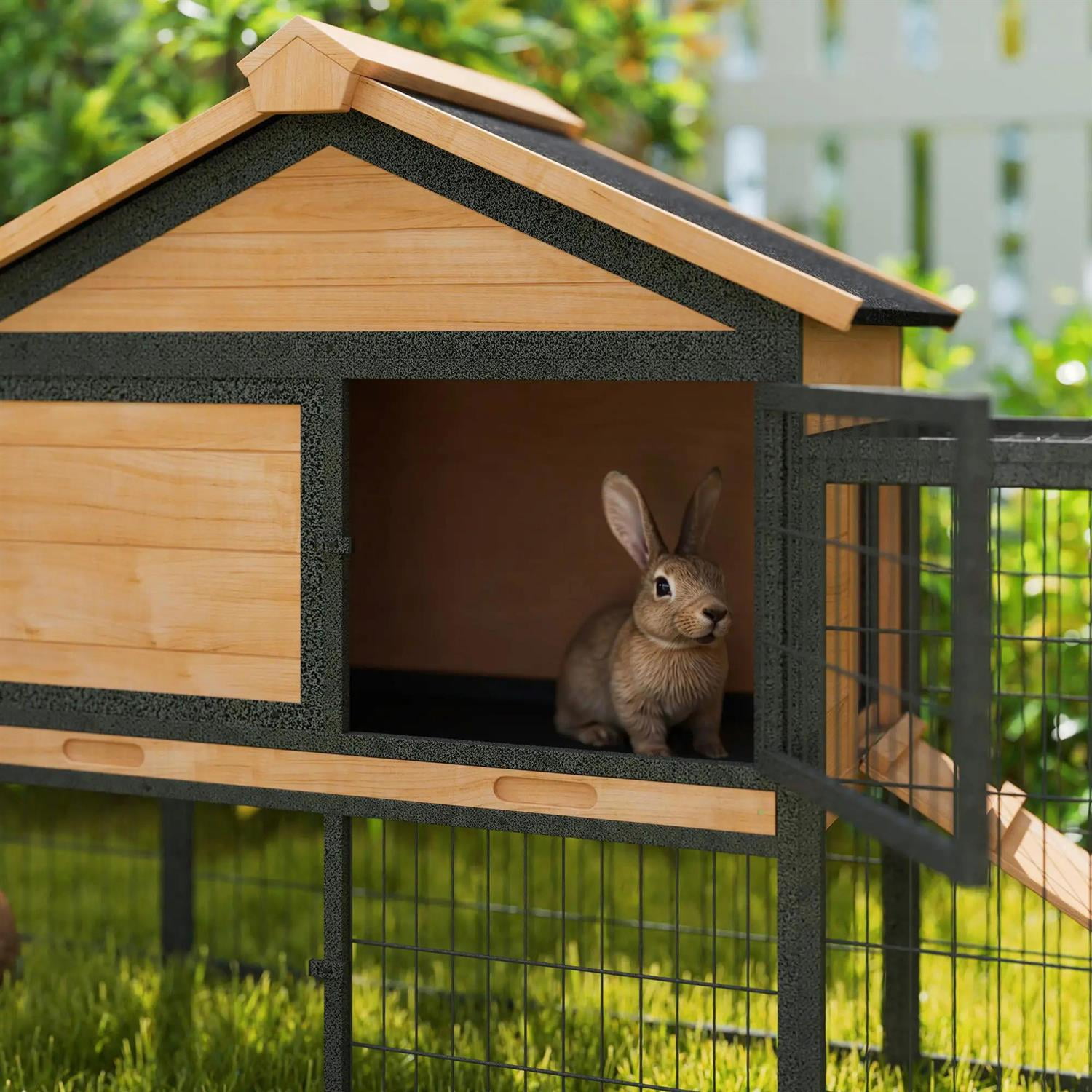 Pefilos 85" Wood Rabbit Hutch, Guinea Pig Cage with Removable Plastic Tray, Asphalt Roof, Bunny House for Small Animals Outdoor Indoor, Yellow