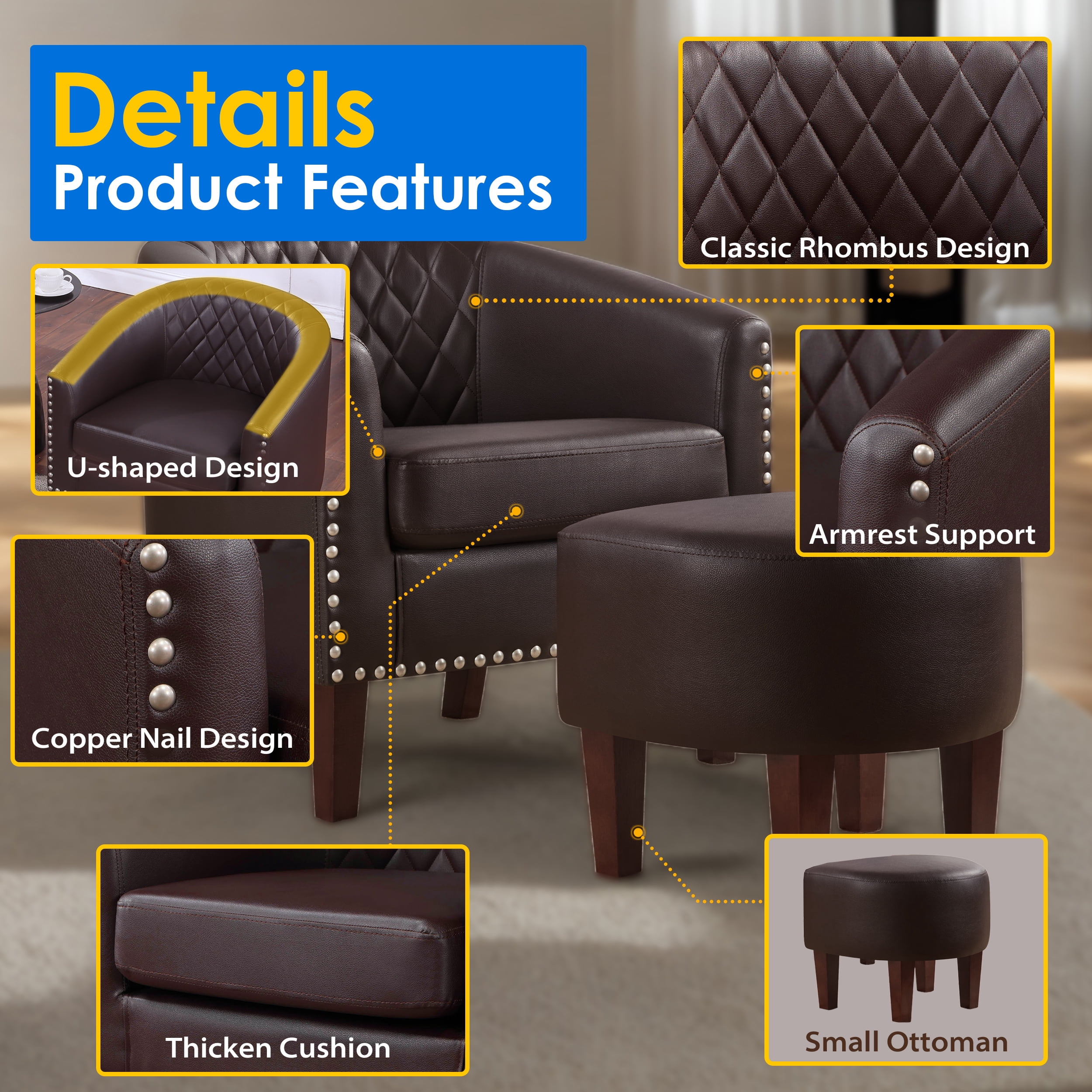 TrumanPick Barrel Chair with Ottoman Set, Leather Accent  Chair Club Armchairs Comfy Chairs for Living Room, Bedroom, Brown