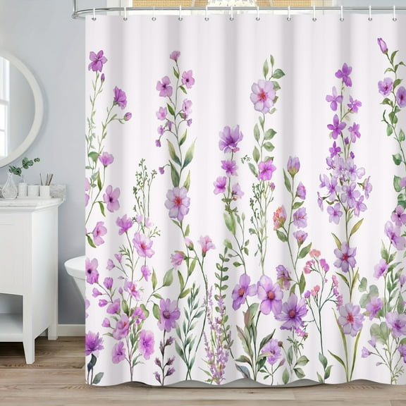 SUNOLIFE Purple Floral Shower Curtain Spring Flowers Waterproof Fabric Bathroom Curtain 72x72 in