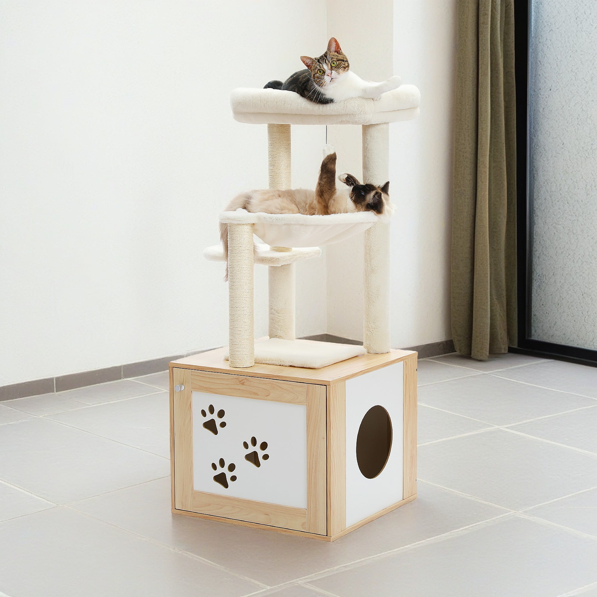 Kadyn 46" Wood Cat Tree Tower with Litter Box Enclosure, Cat Condo, Hammock, Cat Scratching Posts, Removable Top Perch, Beige Kadyn 46" Wood Cat Tree Tower with Litter Box Enclosure, Cat Condo, Hammock, Cat Scratching Posts, Removable Top Perch, Beige