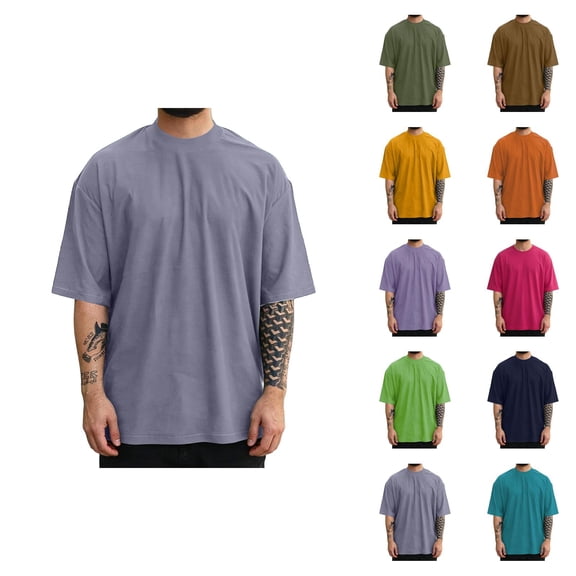 Mens Oversized T Shirt Summer Fashion Casual Solid Crew Neck Drop Shoulder Elbow Sleeve Mens T-Shirts