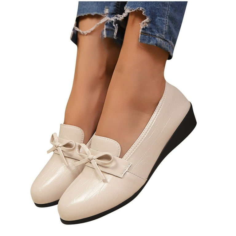 Beige Women'S Comfortable Wedge Shoes With Bow Detail And Supportive Design  For Daily Use
