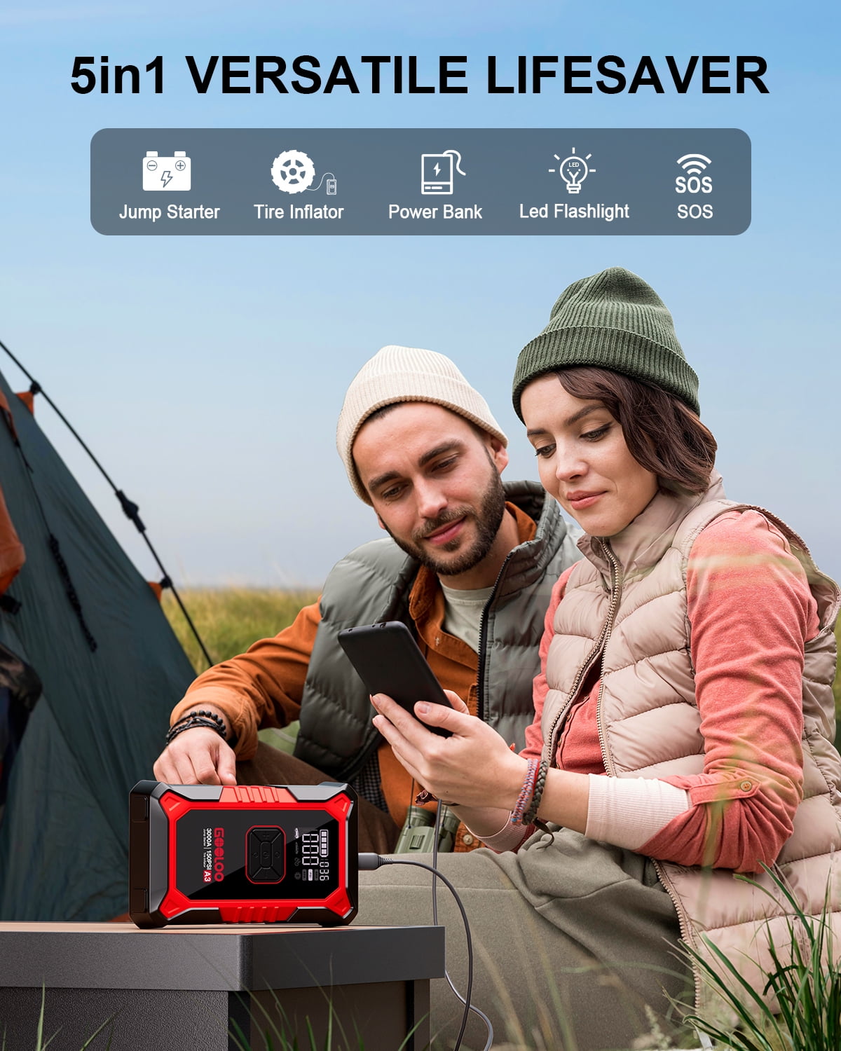 Gooloo Jump Starter with Air Compressor, 3000A Portable Car Battery Jump Starter (9.0L Gas/6.5L Diesel) with 150PSI Digital Tire Inflator, 12V Car Battery Charger Booster with LED Light